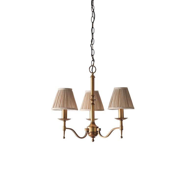 Traditional Ceiling Pendant Lights - Stanford 3 Light Antique Brass Chandelier With Beige Shades 63628 unlit