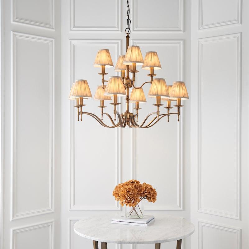 stanford brass chandelier with shades 63626 living room wide shot