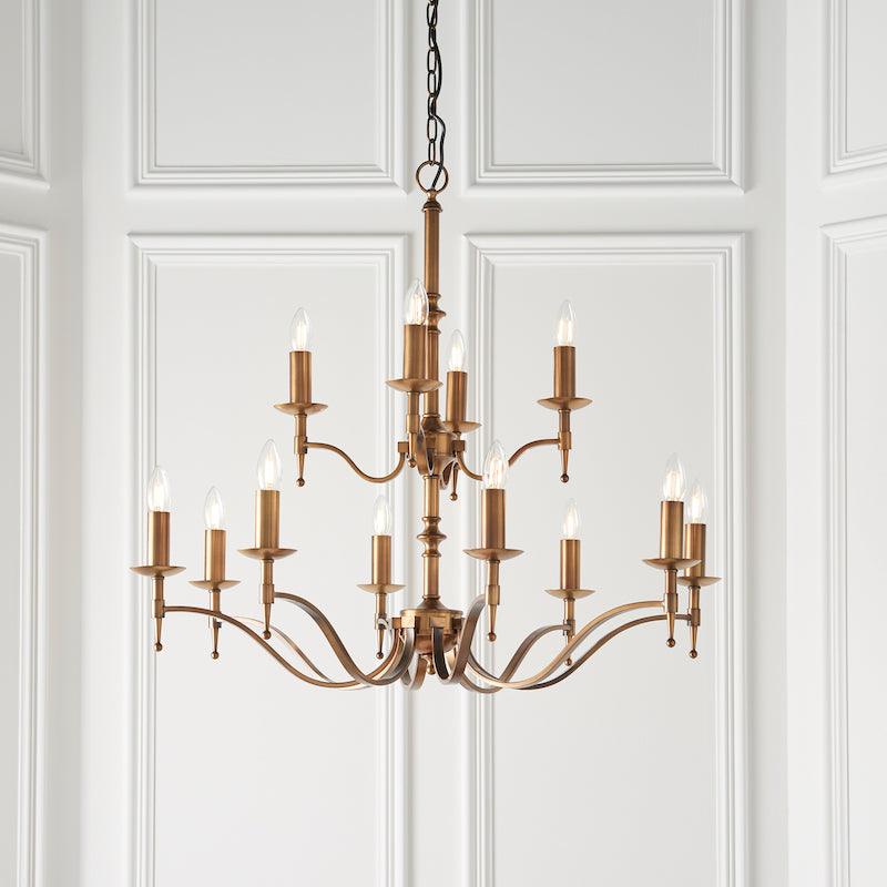 stanford brass chandelier with shades 63626 wider living room shot