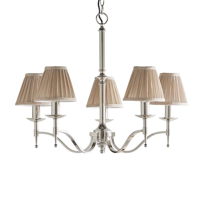 Stanford 5 Light Polished Nickel Chandelier with Beige Shades