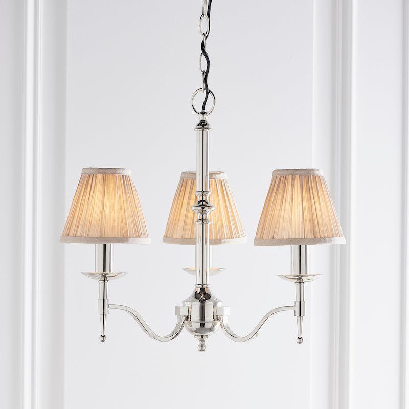 Stanford 3 Light Polished Nickel Chandelier with Beige Shades