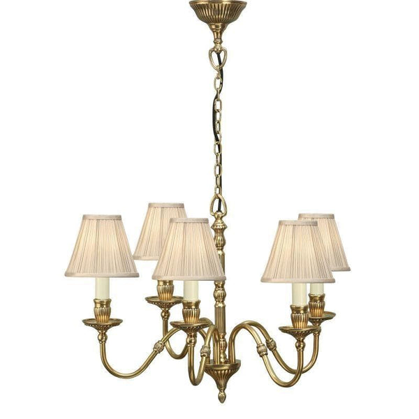 Traditional Ceiling Pendant Lights - Fitzroy 5 Light Solid Brass Chandelier With Beige Shades 63815
