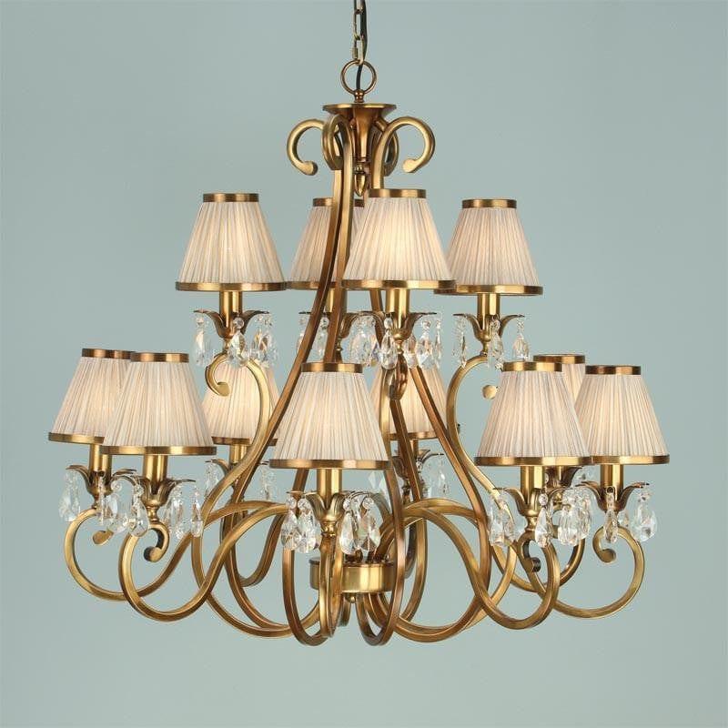 Traditional Ceiling Pendant Lights - Oksana Antique Brass Finish 12 Light Chandelier With Beige Shades 63521