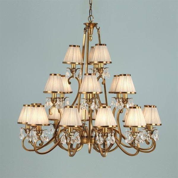 Traditional Ceiling Pendant Lights - Oksana Antique Brass Finish 21 Light Chandelier With Beige Shades 63519