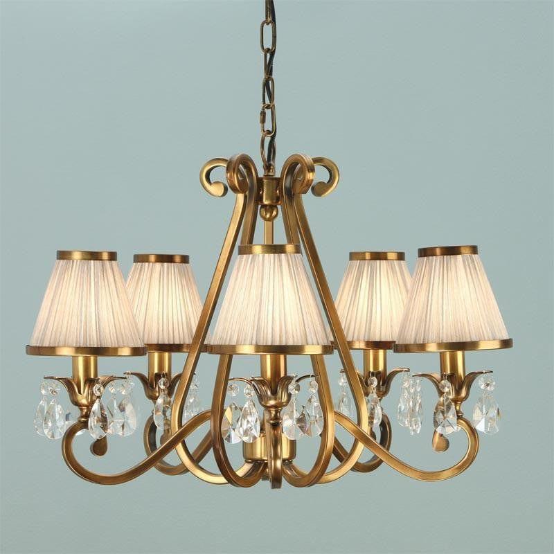 Traditional Ceiling Pendant Lights - Oksana Antique Brass Finish 5 Light Chandelier With Beige Shades 63522