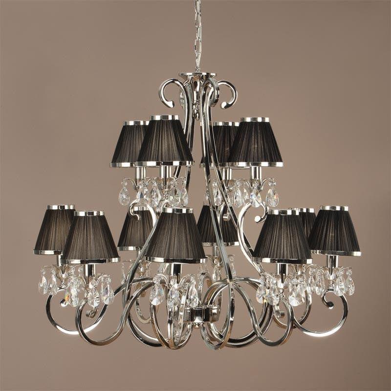 Traditional Ceiling Pendant Lights - Oksana Polished Nickel Finish 12 Light Chandelier With Black Shades 63507