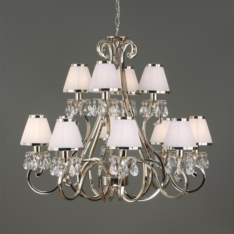 Traditional Ceiling Pendant Lights - Oksana Polished Nickel Finish 12 Light Chandelier With White Shades 63517