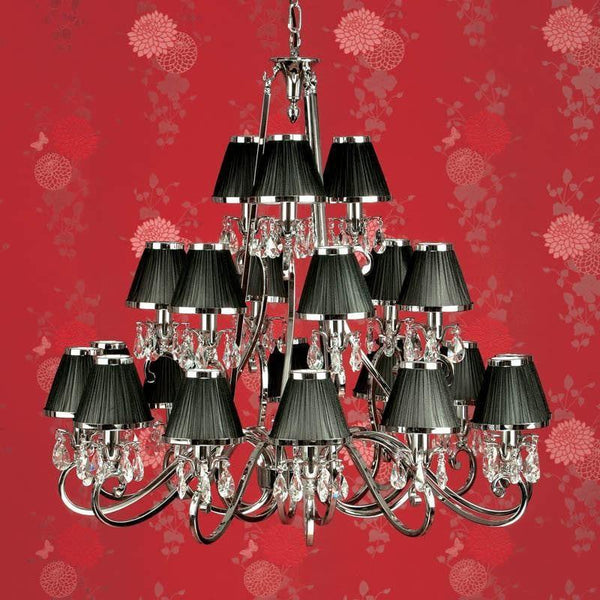 Traditional Ceiling Pendant Lights - Oksana Polished Nickel Finish 21 Light Chandelier With Black Shades 63508