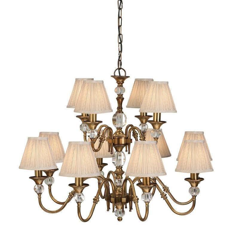 Traditional Ceiling Pendant Lights - Polina 12 Light Antique Brass Finish Chandelier With Beige Shades 63585