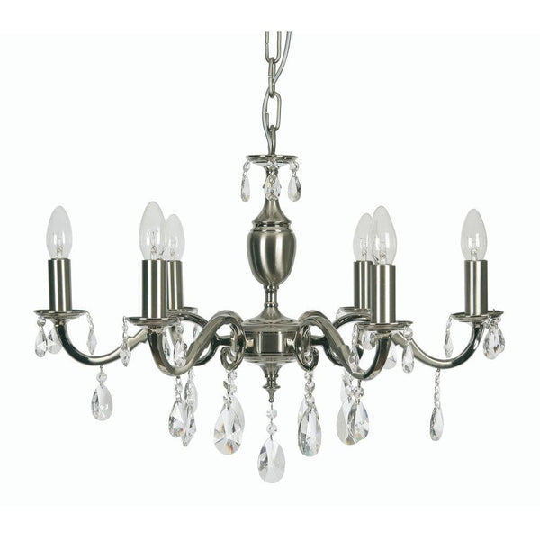 Traditional Ceiling Pendant Lights - Risborough Cast Brass 6 Light Chandelier With Satin Nickel Plate 176/6 SN