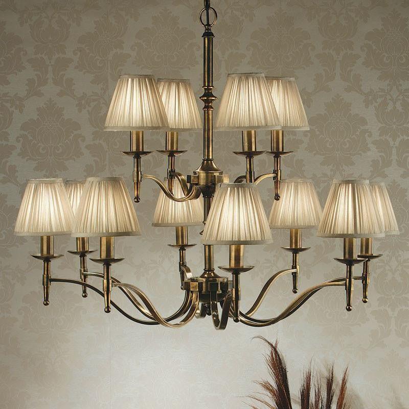 Traditional Ceiling Pendant Lights - Stanford 12 Light Antique Brass Finish Chandelier With Beige Shades 63626