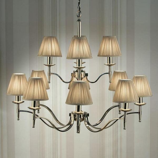 Traditional Ceiling Pendant Lights - Stanford 12 Light Polished Nickel Finish Chandelier With Beige Shades 63632