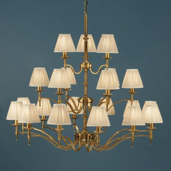 Traditional Ceiling Pendant Lights - Stanford 21 Light Antique Brass Finish Chandelier With Beige Shades 63625