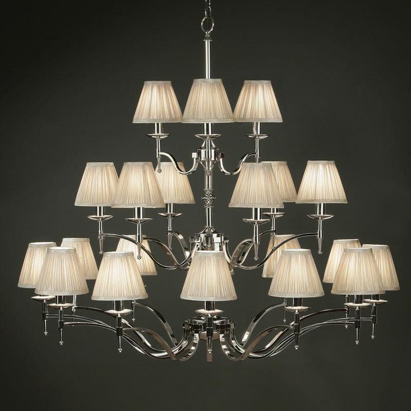 Traditional Ceiling Pendant Lights - Stanford 21 Light Polished Nickel Finish Chandelier With Beige Shades 63634