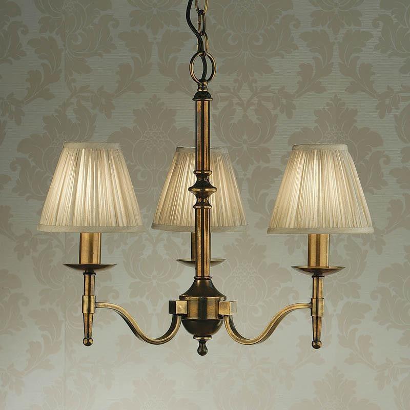 Traditional Ceiling Pendant Lights - Stanford 3 Light Antique Brass Chandelier With Beige Shades 63628