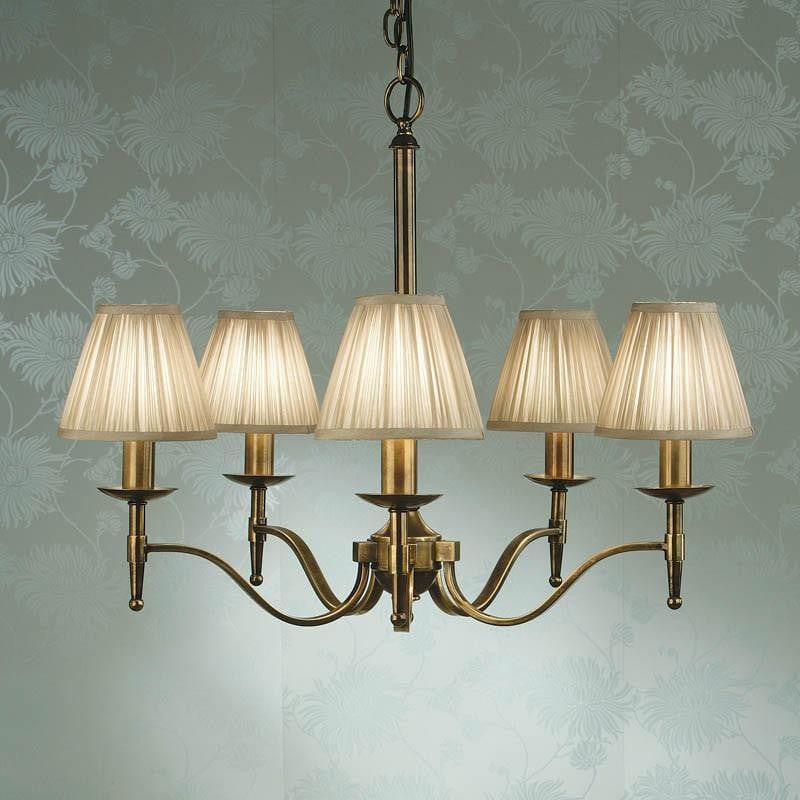 Traditional Ceiling Pendant Lights - Stanford 5 Light Antique Brass Finish Chandelier With Beige Shades 63627