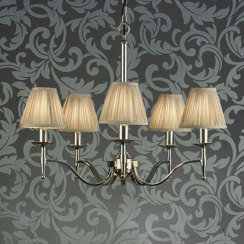 Traditional Ceiling Pendant Lights - Stanford 5 Light Polished Nickel Finish Chandelier With Beige Shades 63631
