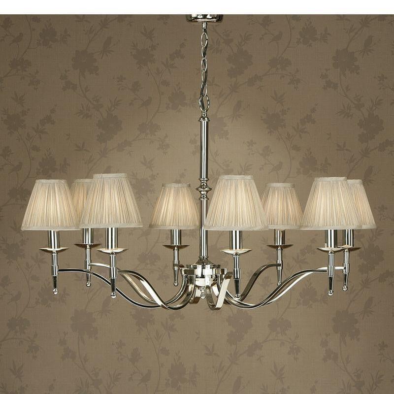 Traditional Ceiling Pendant Lights - Stanford 8 Light Polished Nickel Finish Chandelier With Beige Shades 63635