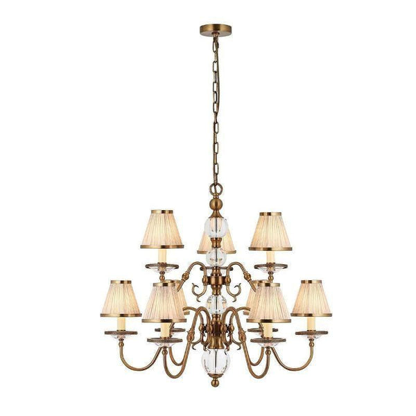 Traditional Ceiling Pendant Lights - Tilburg Antique Brass Finish 9 Light Chandelier With Beige Shades 70820