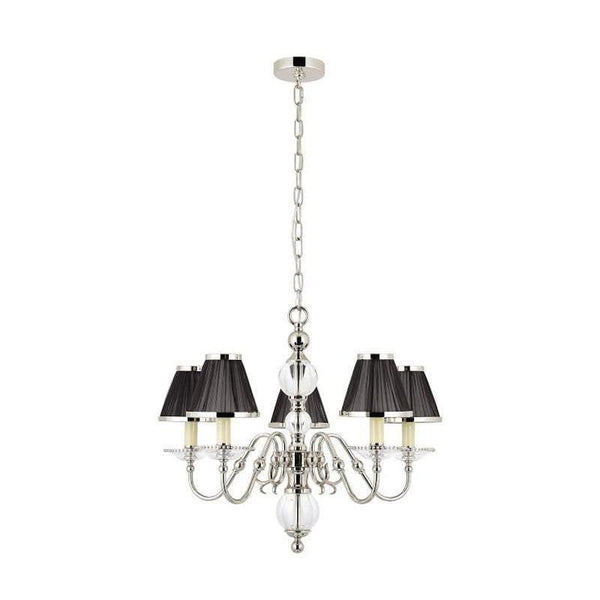 Traditional Ceiling Pendant Lights - Tilburg Polished Nickel Finish 5 Light Chandelier With Black Shades 63718