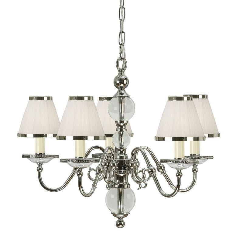 Traditional Ceiling Pendant Lights - Tilburg Polished Nickel Finish 5 Light Chandelier With White Shades 63714