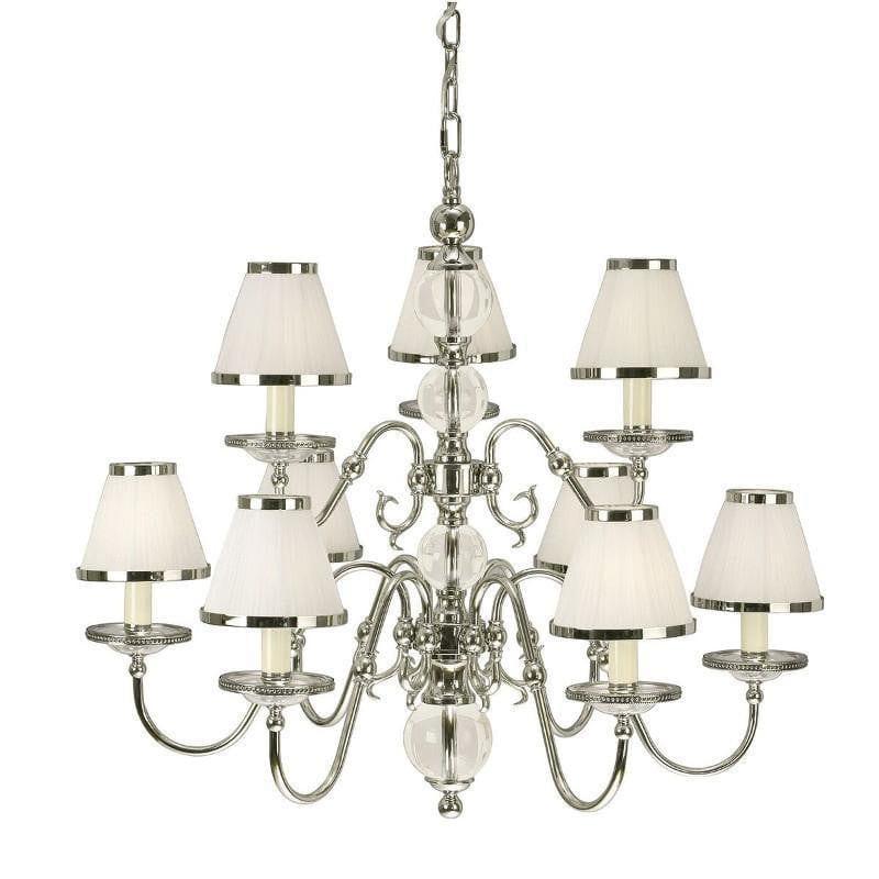 Traditional Ceiling Pendant Lights - Tilburg Polished Nickel Finish 9 Light Chandelier With White Shades 63715