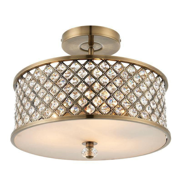 Traditional Flush And Semi Flush Ceiling Lights - Hudson Antique Brass & Clear Crystal Glass 3LT Semi Flush 70558