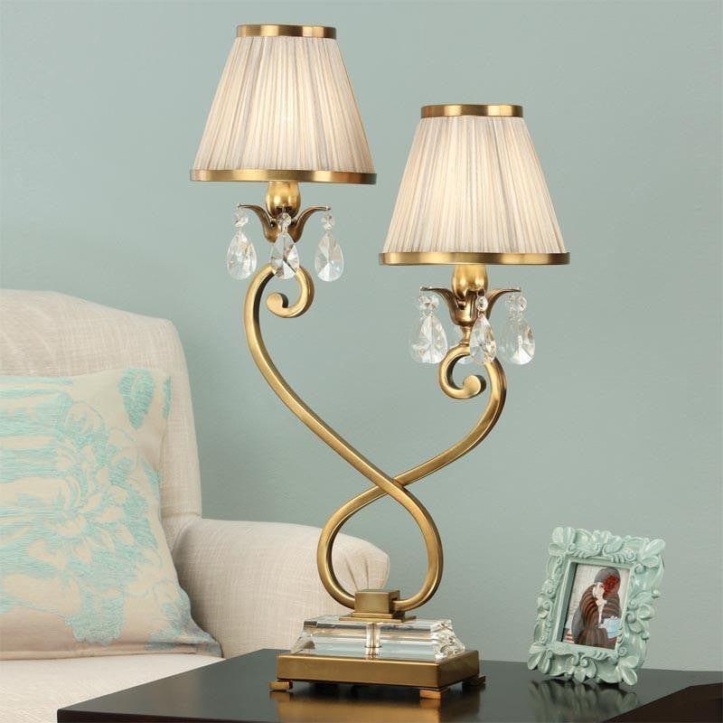 Oksana Antique Brass Double Table Lamp with Beige Shades 1