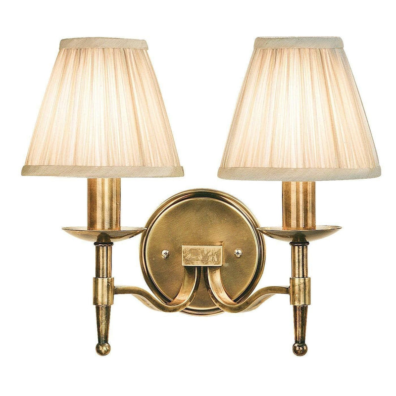 Traditional Wall Lights - Stanford Antique Brass Finish Double Wall Light With Beige Shades 63654